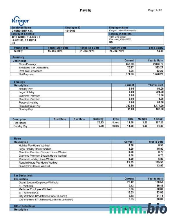 Kroger spożywczy payslip szablon w formacie Word i PDF